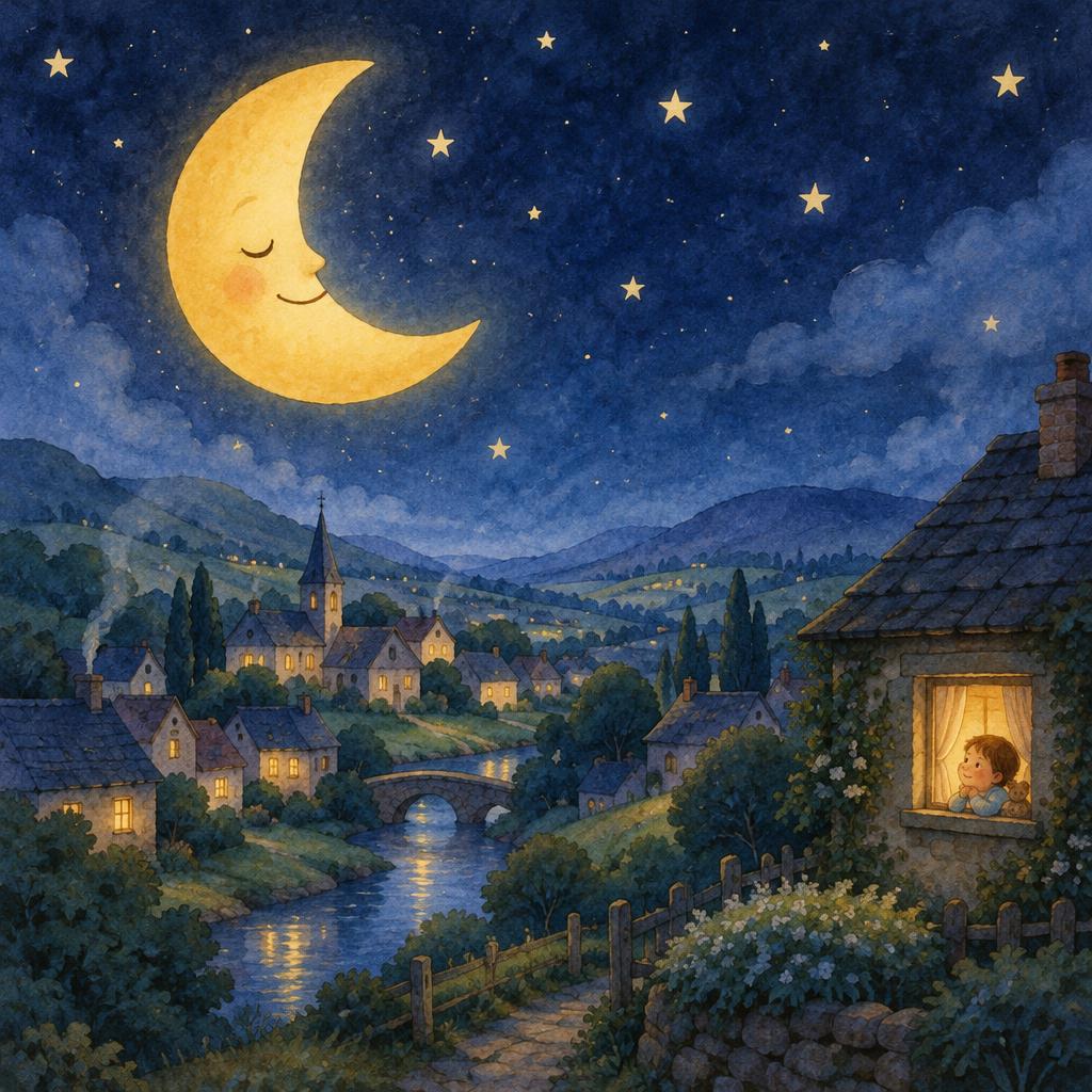 Une lune souriante veille sur un village endormi